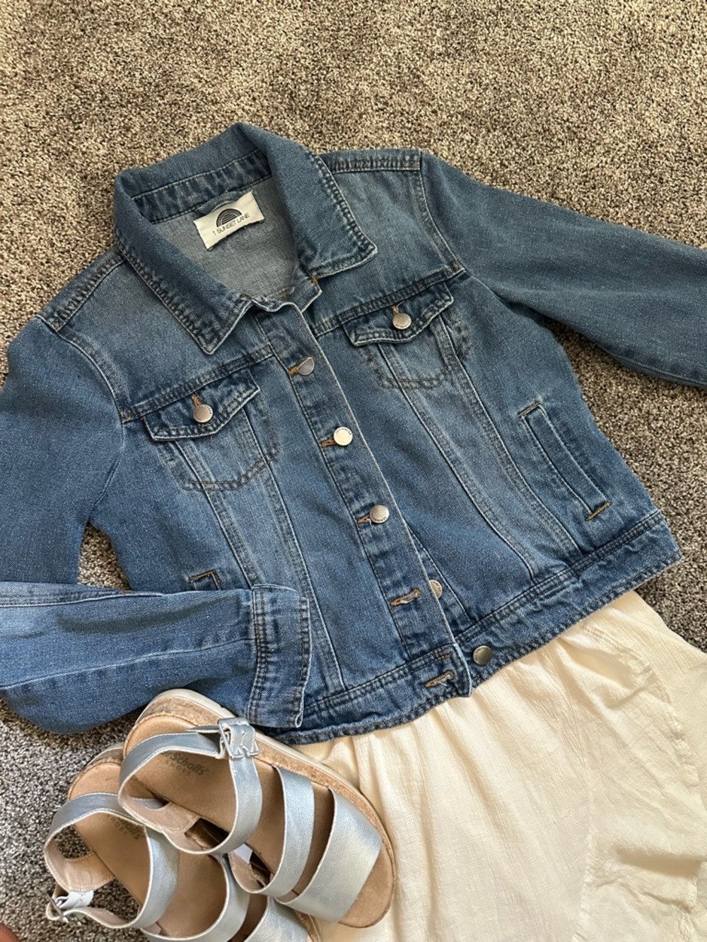 1 Sunset Lane Cropped Denim Jacket Small | Classic Blue Jean Jacket Fitted